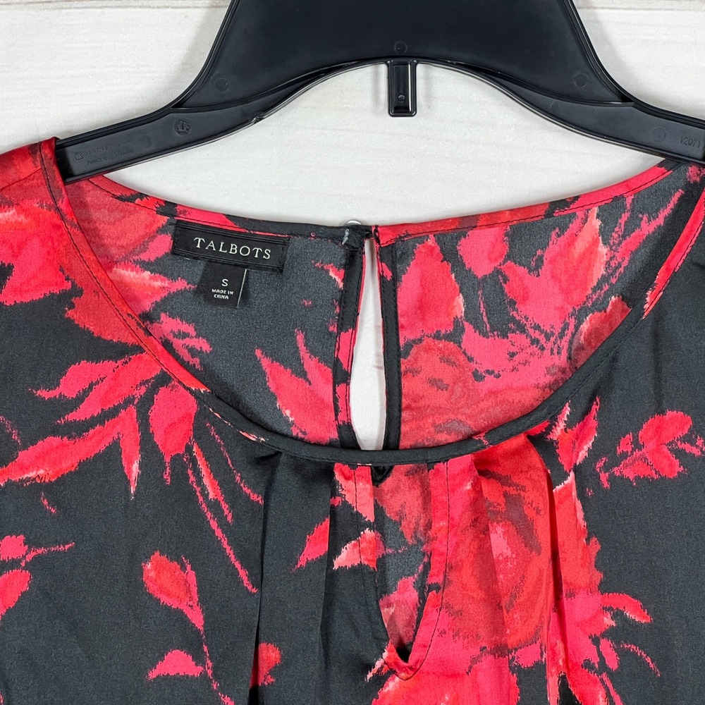 Talbots Floral Blouse Womens Small Black Red Rose Satin Long Sleeve Keyhole Neck - Picture 7 of 9